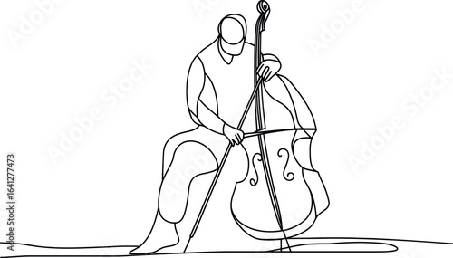 The image depicts a man playing a double bass, a classic music instrument, in a continuous one-line drawing