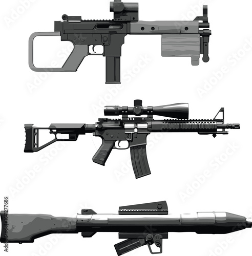 Modern military firearms and rocket launcher illustration, tactical assault rifle, 
