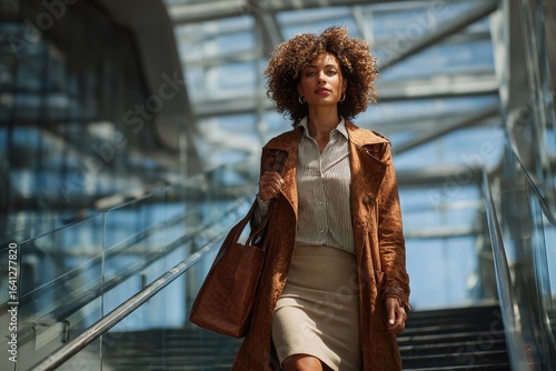 Empowered Black woman in a trench coat confidently walking downstairs.