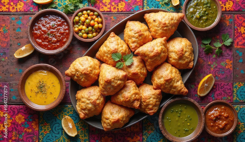 Wallpaper Mural Delicious Indian samosas with vibrant chutneys on a colorful table setting. Torontodigital.ca