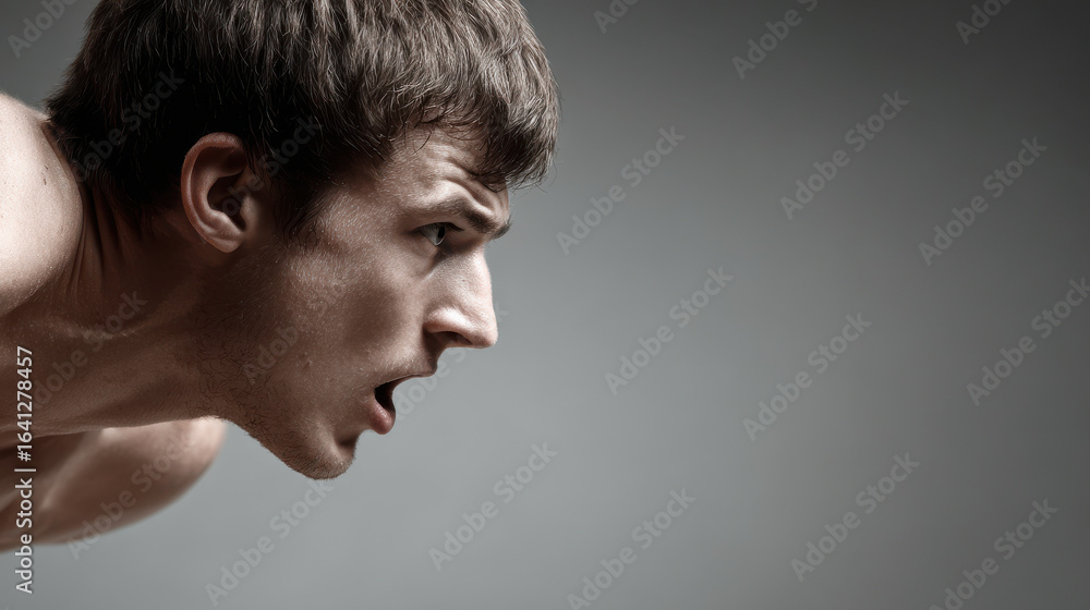 Fototapeta premium young man with open mouth is in sprinter starting pose exuding energy and determination