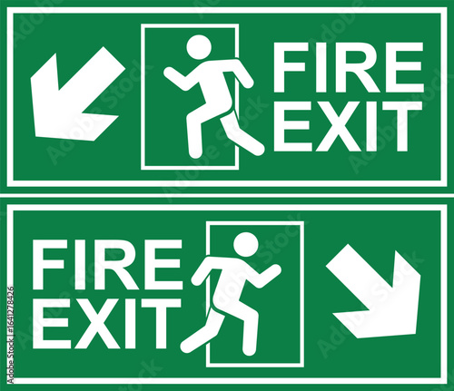 green fire exit signs with diagonal downward arrows and running figure for emergency evacuation and safety signage