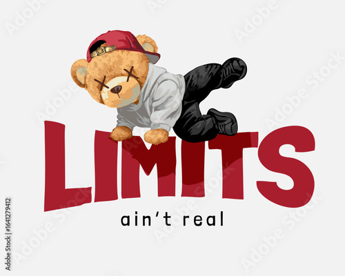 bear doll in red cap jumping over limits slogan vector illustration - created by hand drawn