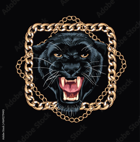 angry panther in gold chrome lace frame on black background vector illustration - created by hand drawn