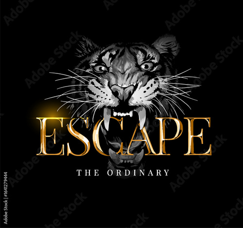 golden chrome escape slogan on black and white tiger head vector illustration - created by hand drawn