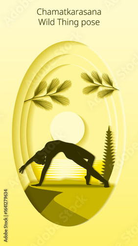 Vertical template. Chamatkarasana yoga pose. Wild Thing yoga pose. Paper cut design. Isolated vector illustration