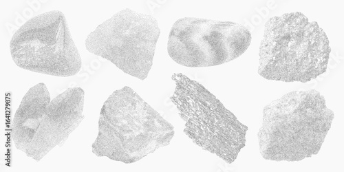 Set of stone slice drawings in graphic style. Classic stipple fill, rough halftone screen, high-contrast print texture and dusty retro finish.