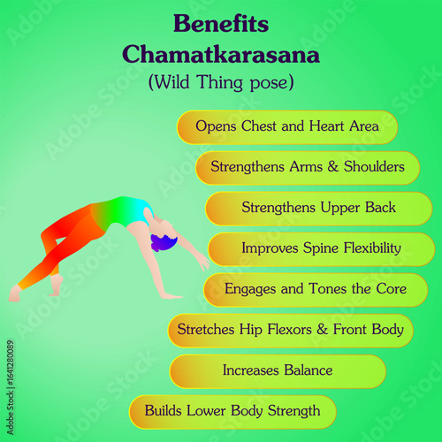 Benefits of practicing Chamatkarasana yoga pose. Wild Thing yoga pose. Isolated vector illustration
