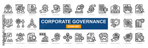 Corporate Governance line icons collection. Corporate Governance, Audit Committee, Governance Policy, Risk Management, Compliance Program, Code of Conduct. Simple vector illustration