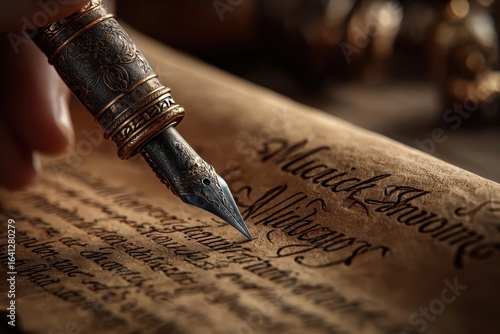 Ornate antique fountain pen writing on a vintage textured parchment scroll with elegant calligraphy, historical document.