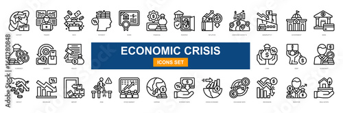 Economic Crisis line icons collection. Export, Trader, Rich, Interest, Bond, Financial, Reserve, Inflation, Emerging Markets, Bankruptcy. Simple vector illustration