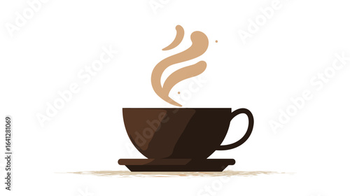 A steaming brown cup of coffee, sitting on a saucer. Coffee is emanating from the cup. The background is black.  