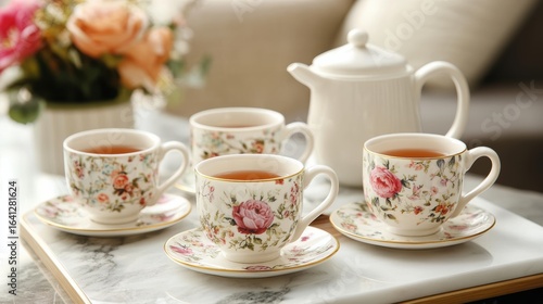 A serene tea set featuring floral patterns, including four cups and a teapot, elegantly arranged on a marble surface with a hint of flowers in the background.