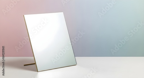 A rectangular mirror with a golden frame stands on a white surface against a pink and blue gradient background