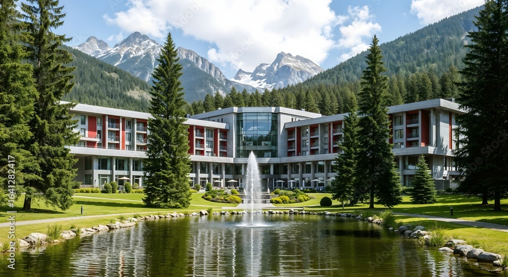 Fototapeta premium Scenic luxury hotel nestled in the mountains with a tranquil pond and fountain