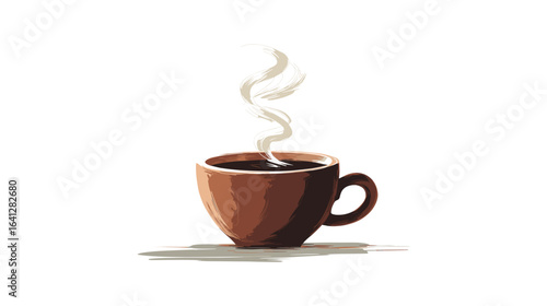 Pixel art illustration showcasing a brown ceramic cup filled with a hot beverage, emitting swirling steam, set against a black backdrop.