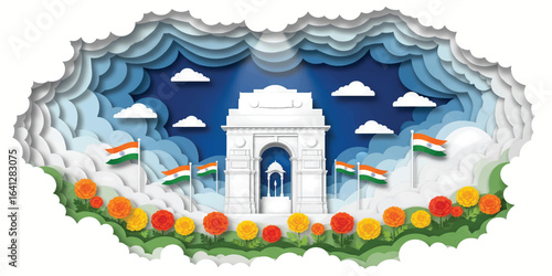 A stylized paper cut-out illustration of India Gate, flanked by Indian flags and colorful marigold flowers, celebrating a national holiday.