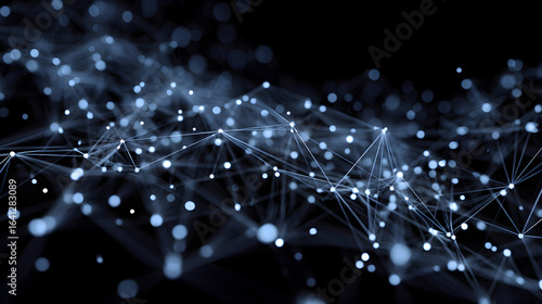 Abstract network of glowing dots connected by lines on a dark background with bokeh effect present