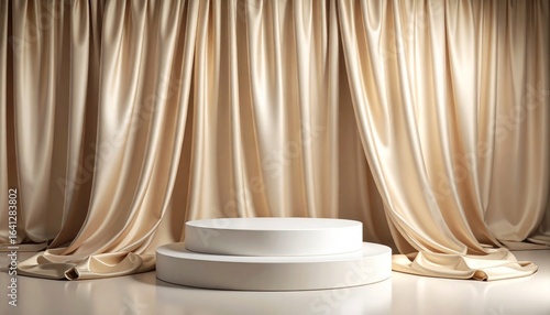Elegant Beige Silk Curtain Backdrop with White Platform and Soft Illumination