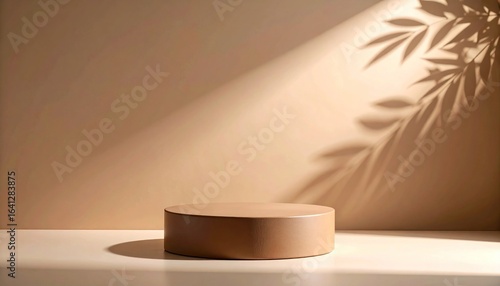 Elegant Brown Cylindrical Podium With Spotlight On Beige Background And Leaf Shadows
