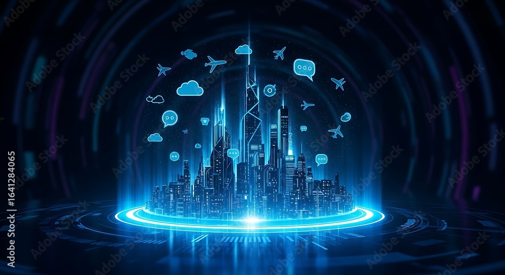 Fototapeta premium Futuristic glowing city skyline with digital network and cloud technology