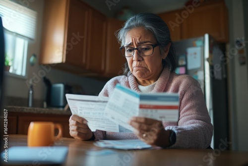 Middle-aged Hispanic woman reviews credit card statements at kitchen table with concern during morning hours