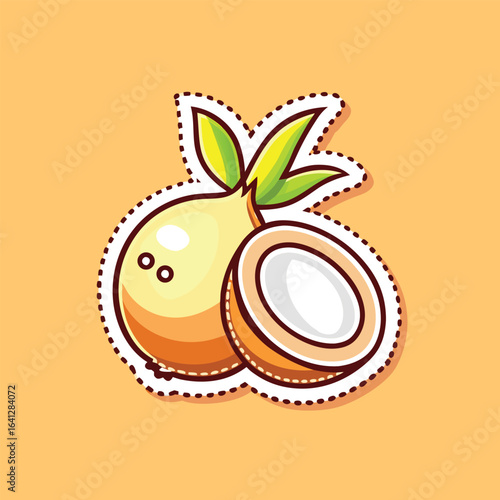 Vector art of a whole and halved fresh coconut, a healthy tropical fruit for smoothies and desserts