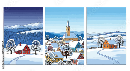Winter landscape illustration with snowy houses and church art