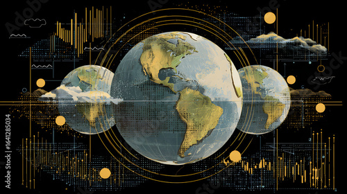 Three globes surrounded by golden lines and data charts on a black background illustration art