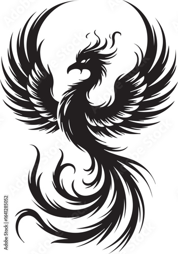 A majestic phoenix with spread wings in a black tribal art style. Mythical firebird illustration for a tattoo or logo.