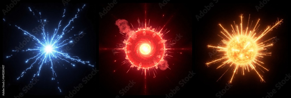 Naklejka premium Collection of light effects resembling explosions and balls of fire.