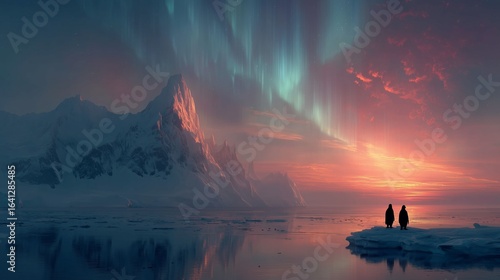 Fototapeta Naklejka Na Ścianę i Meble -  Penguins on ice with aurora and sunset