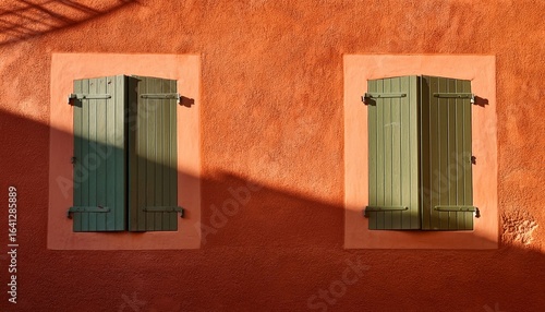 abstract sun and shadow pattern cast on a traditional rustic terracotta colour old wall with green shutters in st tropez the south of france