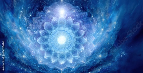 Fractal golden light bursting over earth’s curve. Creation awakening with spiritual grace. Cosmic beauty flowing in waves of love, filling universe with divine harmony and glowing energy. Copy space