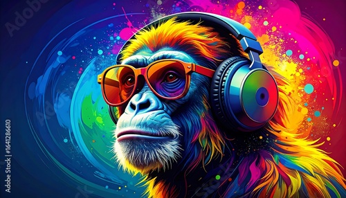 Monkey with headphones and sunglasses, vibrant colors