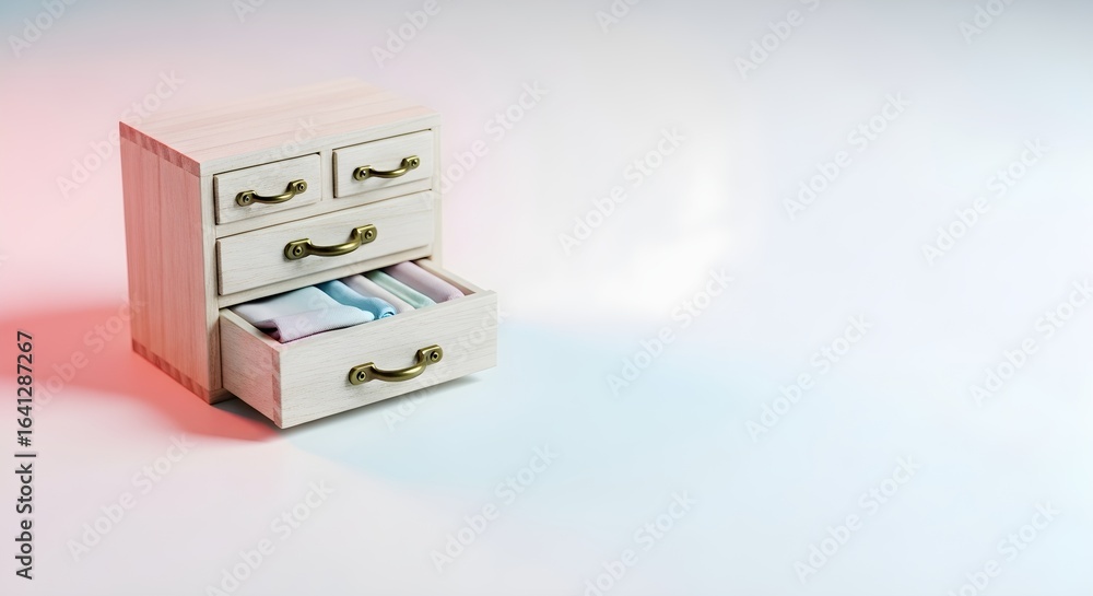 Fototapeta premium Light wood miniature dresser with brass handles one drawer open showing pastel folded fabrics