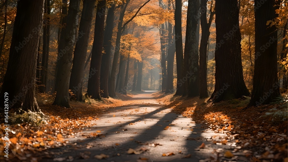 Fototapeta premium A serene forest path surrounded by tall trees with vibrant orange autumn leaves