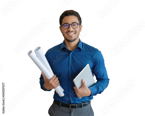 Young man with glasses in blue shirt holding blueprints and isolated on white transparent background png jpg business people clipping path cutout 2025 2026 4k full hd poster banner label download
