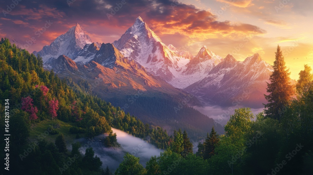 Obraz premium majestic mountain range, sunset reflection, vibrant spring foliage, towering peaks, misty valleys, dramatic lighting, panoramic view