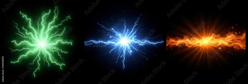 Naklejka premium Collection of vibrant light effects resembling electric blasts and fiery balls.