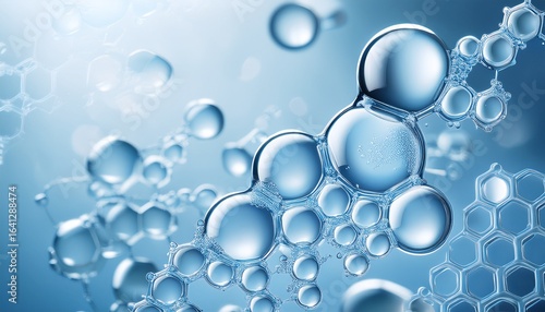collagen or retinol or ceramide molecule cosmetic moisturizing ingredient banner molecular structure swatch bubbles moisturizer liquid essence serum or toner beauty and cosmetics blue background