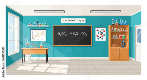 Chemical reaction in science lab classroom vector illustration