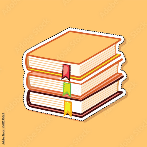 Vector art of a stack of three books with colorful bookmarks, isolated on a light orange background