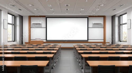 Empty university lecture hall, projector screen, autumn view