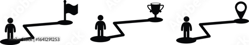 A clean, minimalist vector icon illustrating a person embarking on a winding route toward a goal.