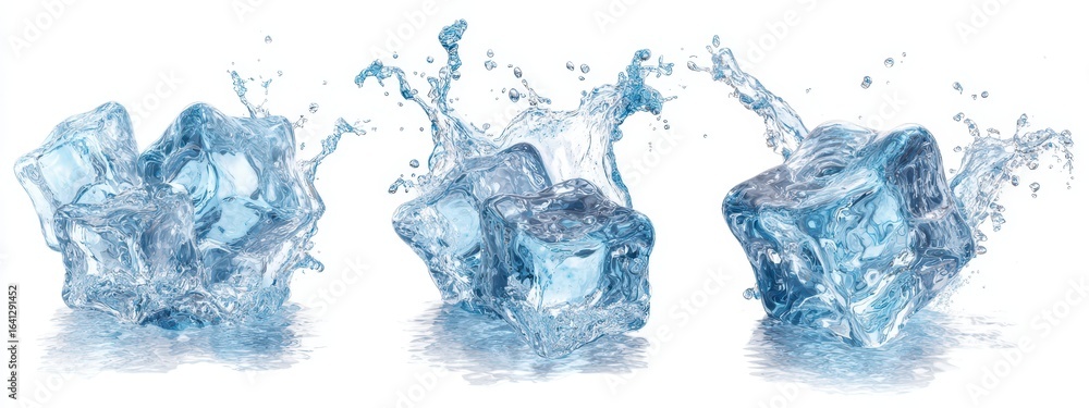 Fototapeta premium Three ice cubes with water splashes