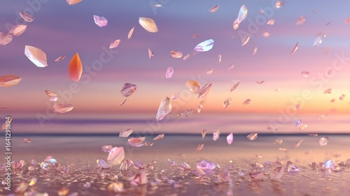 floating crystal petals drifting across a glowing pink and orange horizon