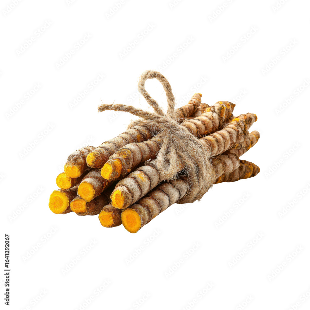 Naklejka premium Fresh Turmeric Roots Tied with Jute Twine