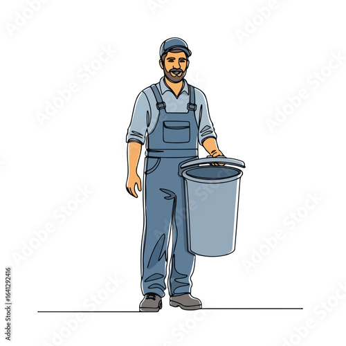 Garbage worker holding trash can line drawing, with a friendly worker ready for cleanup. This garbage worker carries container to collect waste, making environment clean and organized.