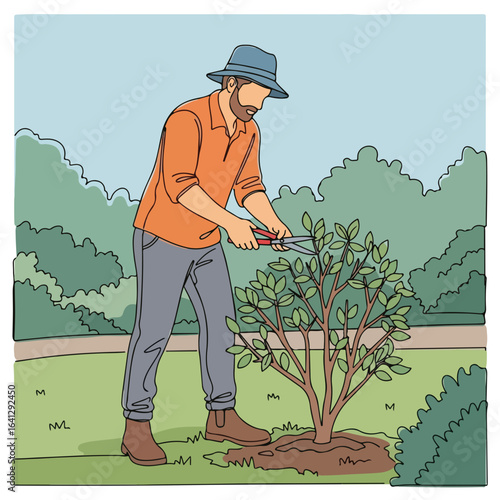 Gardener pruning bush with professional shears in flat design within park setting for landscape maintenance, gardener pruning bush. Skilled gardener pruning bush to enhance park beauty.